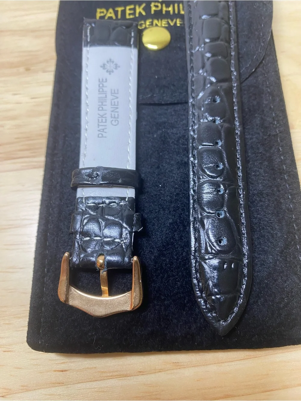 Patek Philippe Black  Leather Watch Strap Gold Rose plated Buckle 18mm